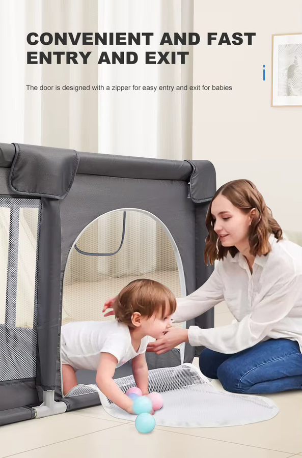 Tragbarer Baby-Laufstall und Spielzaun aus Edelstahl in Grau mit Mesh-Einsätzen, Höhe: 66 cm - Bild 4
