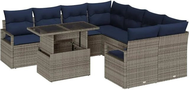 vidaXL Gartensofa-Set aus Poly-Rattan in Grau und Marineblau mit 9 Teilen und 10 Kissen - Bild 1