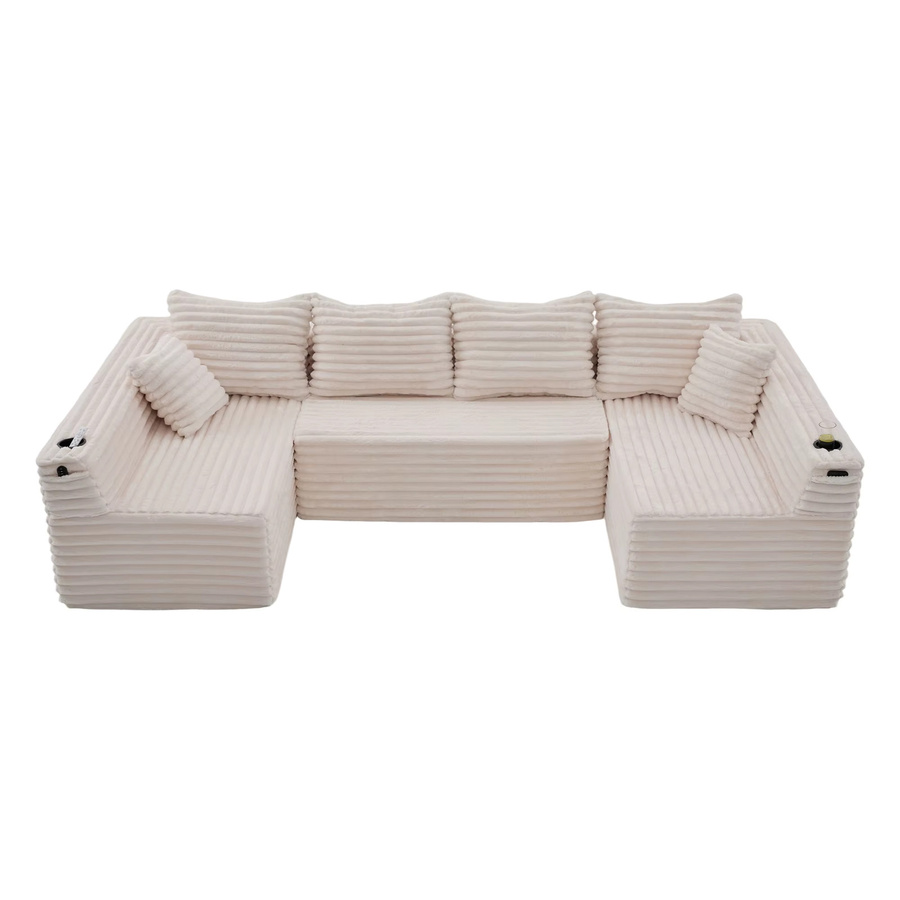 Modernes U-förmiges Cord-Ecksofa von LVHOM in Beige, modulares und frei kombinierbares Sofa mit integriertem Getränkehalter, Seitentasche und Federkernkissen inklusive 4 Rückenkissen und 2 Dekokissen - Bild 2