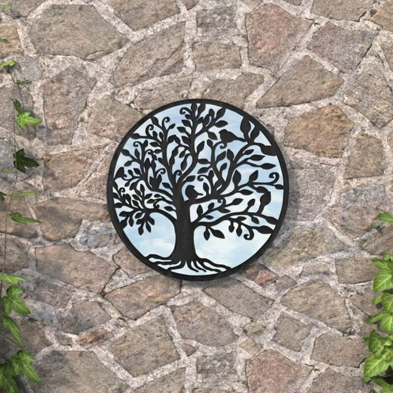 Runder Gartenspiegel mit Blättern von Vidaxl in Schwarz aus Metall und Glas, Durchmesser: 60 cm, Tiefe: 2,5 cm - Bild 1