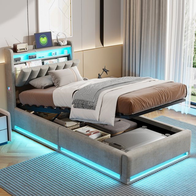 Simurq Polsterbett mit LED und Stauraum aus Samt, B/T: 140 x 200 cm, Grau - Bild 1