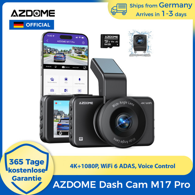 AZDOME Dashcam M17 Pro mit Front- und Heckkamera, 3K+1080P Auflösung, WiFi 6, ADAS, Sprachsteuerung und 24H Parkmodus, Schwarz - Bild 1