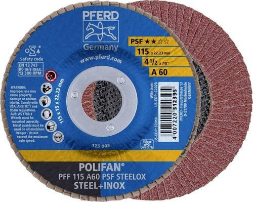 PFERD STEELOX Fächerschleifscheibe 115A 60 PSF, Durchmesser: 115 mm, Bohrungs-Ø: 22,23 mm, Mehrfarbig - Bild 1
