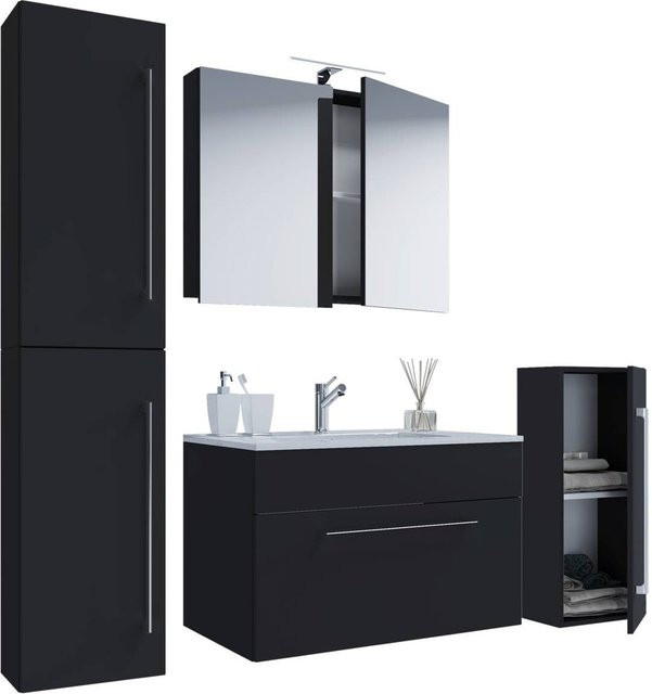 VCM Badmöbel-Set Badinos modern schwarz matt, bestehend aus Waschtisch, Spiegelschrank und Hochschrank, B/H/T: 80 x 150 x 46 cm - Bild 2