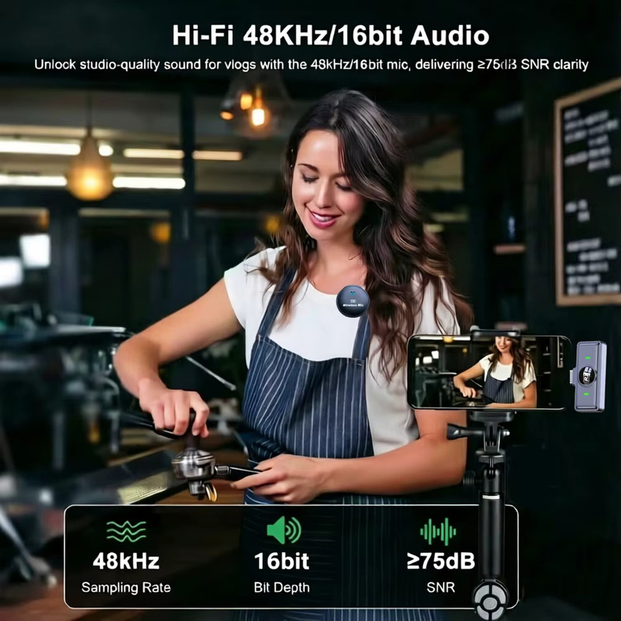 KEBIDU Kabelloses Lavalier-Mikrofon mit doppelter Geräuschunterdrückung und HiFi-Sound in Schwarz für Videoaufnahmen und Live-Streaming - Bild 3