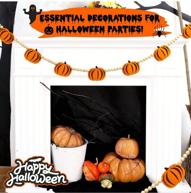 Halloween-Kürbis-Girlande aus Holzperlen und Filz in Orange als herbstliche Wanddekoration für dein Zuhause - Bild 1