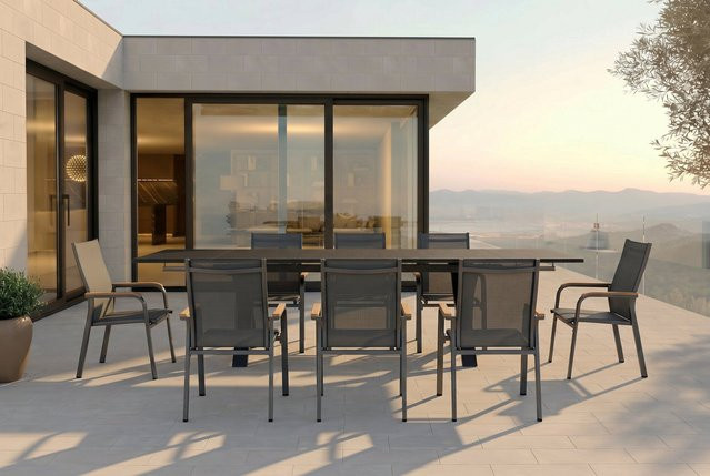 Kettler Granada Garten-Essgruppe aus Aluminium und Spraystone in Anthrazit/Schwarz mit Tisch und 8 Stapelsesseln, Tisch B: 180 bis 280 cm, T: 100 cm - Bild 1