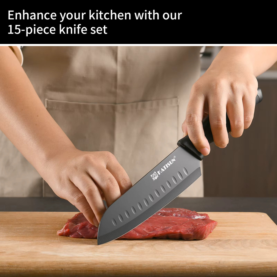 Katisun 15-teiliges Küchenmesser-Set in Schwarz mit rutschfestem Block, deutschem Stahl, Schneidebrett und Messerschärfer inklusive 6 Steakmessern - Bild 1