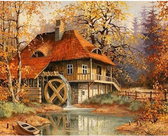 FIYO Diamond Painting Set Herbst Hütte in Beige und Multicolour, Breite: 30 cm, Höhe: 20 cm