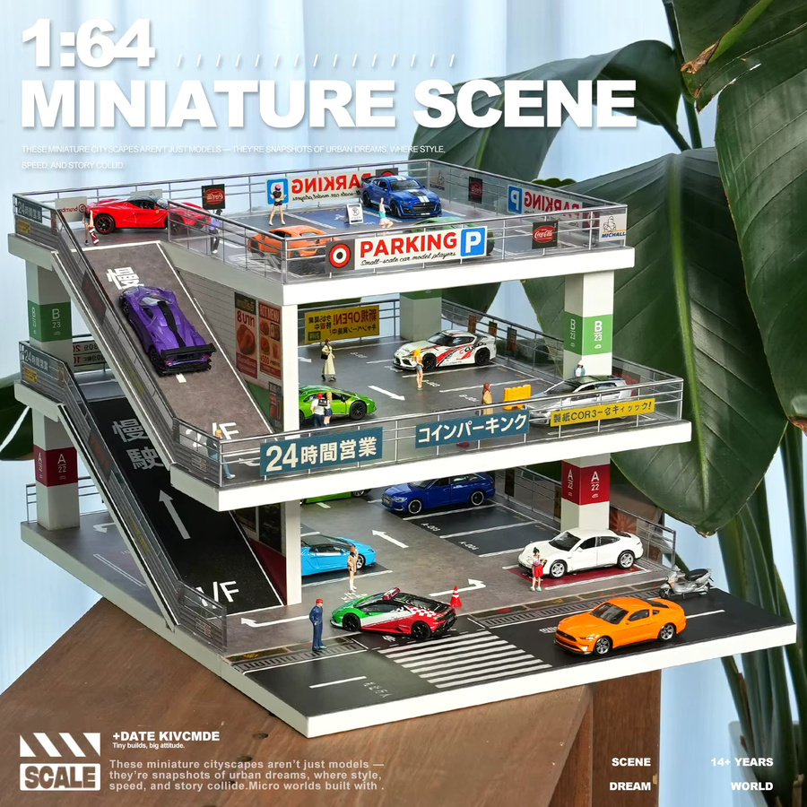 XUFAN Auto-Garage Diorama für 1/64 Maßstab Miniaturmodelle, Parkplatz Vitrine in Silber und Multicolour, moderne Spielzeug-Aufbewahrungsbox für Kinderzimmer-Deko - Bild 3