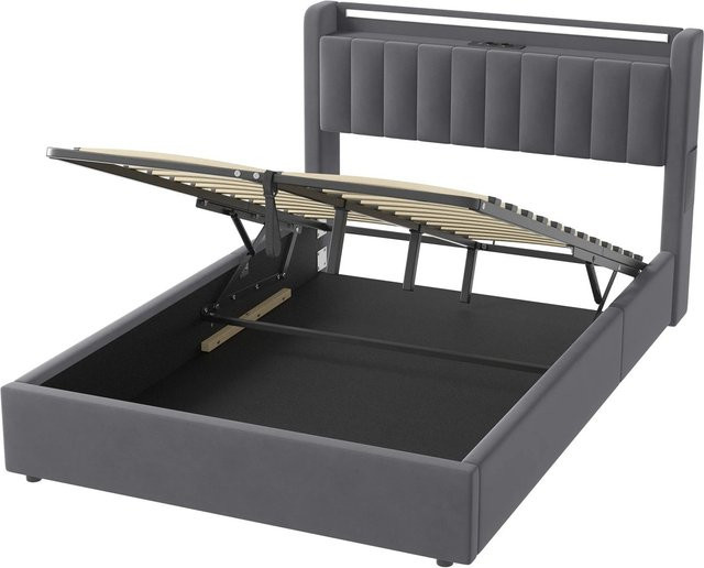 okwish Polsterbett mit Bettkasten und LED-Licht in Grau, B/T/H: 140 x 200 x 143,5 cm mit USB-Anschluss und integrierter Leselampe - Bild 1