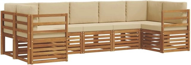 vidaXL Sofagarnitur 7-teilig aus Massivholz Akazie in Natur und Beige mit L-Form und Polsterkissen - Bild 1