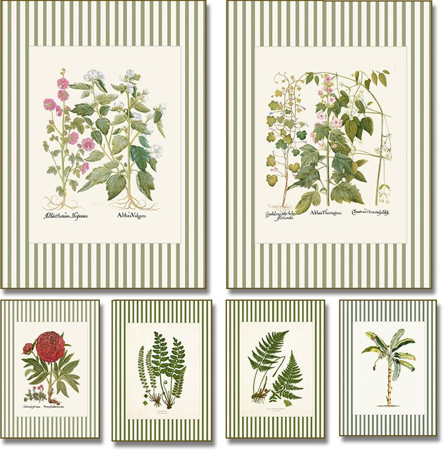 Potdemiel Wandkunst Leinwandgemälde mit grün gestreifter antiker Pfingstrose, Farnen und tropischen botanischen Blumen in Portraitformat - Bild 1