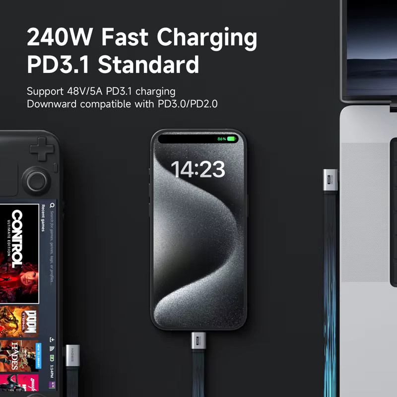 Hagibis USB-C auf USB-C Schnellladekabel mit 90 Grad Winkel, 240 W PD Ladegerät, Schwarz - Bild 2