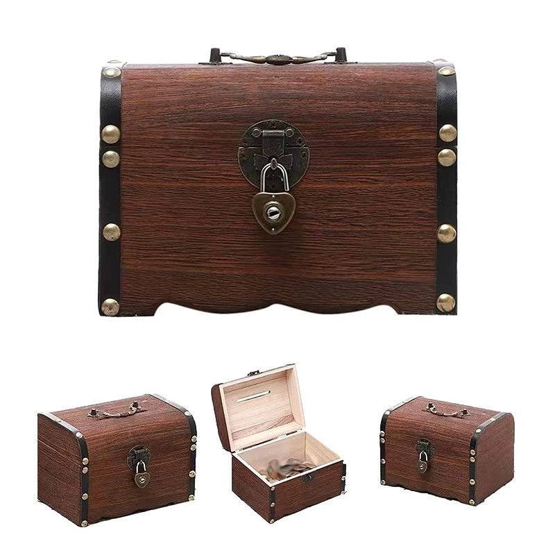 KOQZM Vintage Schatztruhe aus Holz mit Schloss als Retro Dekoration und Aufbewahrungsbox - Bild 4