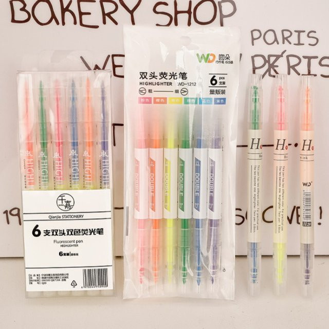 6er-Pack Zweifarbige Textmarker mit Doppelkopf für Schule und Büro, Mehrfarbig, Chisel-Spitze - Bild 1