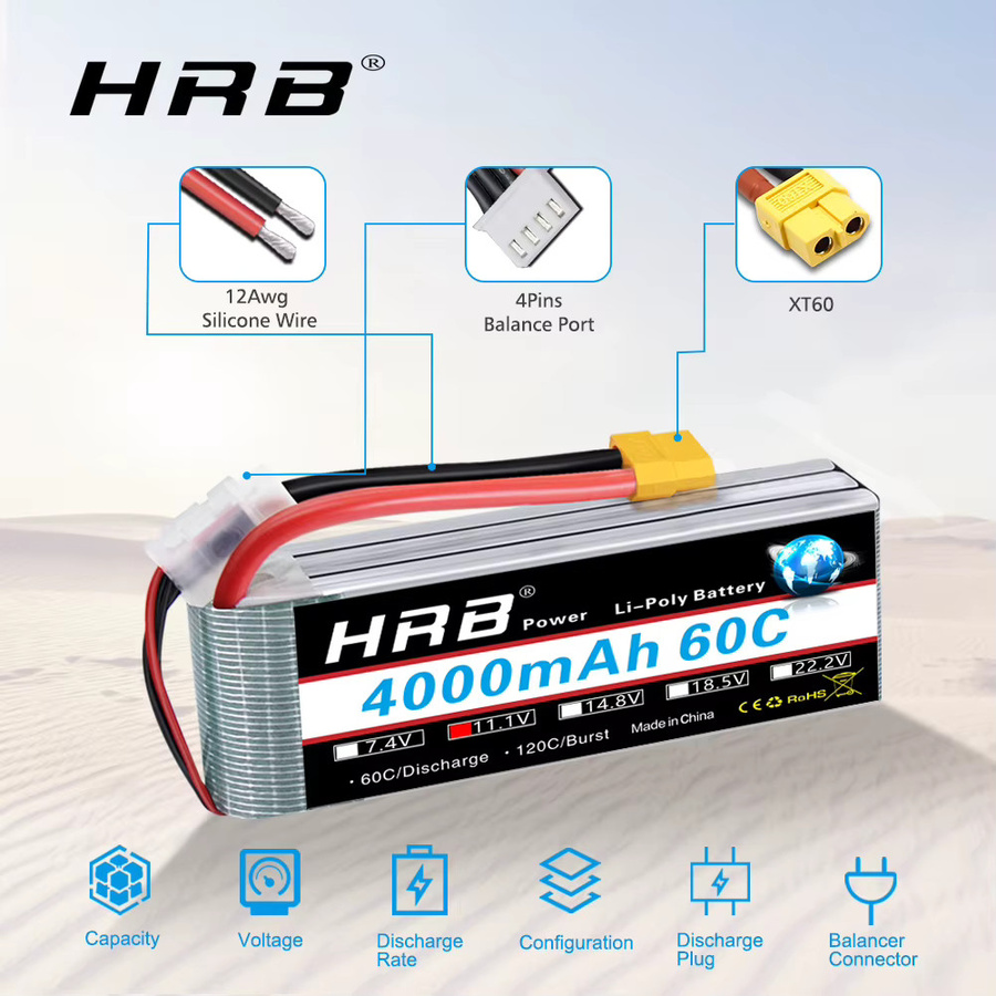 HRB 3S 4000mah Lipo Batterie, 11,1V, 60C, mit XT60 Stecker - Bild 3