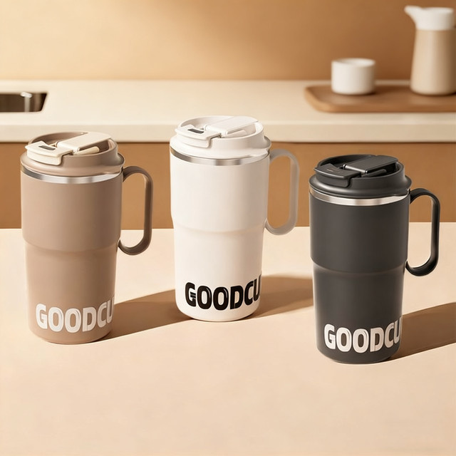 WORTHBUY Isolierter Edelstahlbecher mit Griff und Strohhalm, Doppelwandiger Thermo-Wasserbecher und Kaffeetasse, Farbe: Weiß - Bild 1