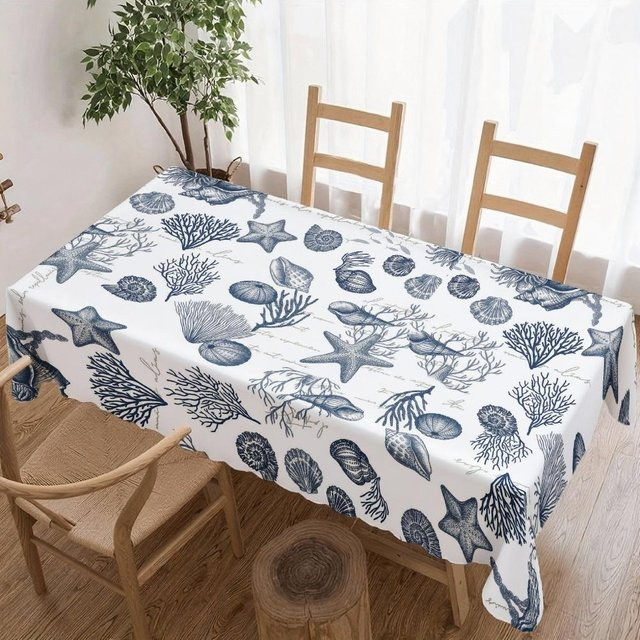 Wasserdichte rechteckige Tischdecke von JINGYUE Pet mit nautischem Meeresleben in Grau und Blau, B/T: 90 x 140 cm - Bild 1