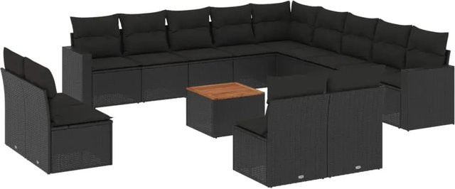 vidaXL 14-teilige Garten-Sofagarnitur in L-Form aus schwarzem Poly-Rattan mit Kissen und Metallrahmen - Bild 1