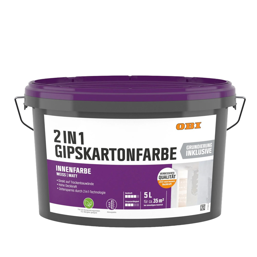 OBI Gipskartonfarbe 2in1 Weiß Matt Dispersion 2,5 l - Bild 2