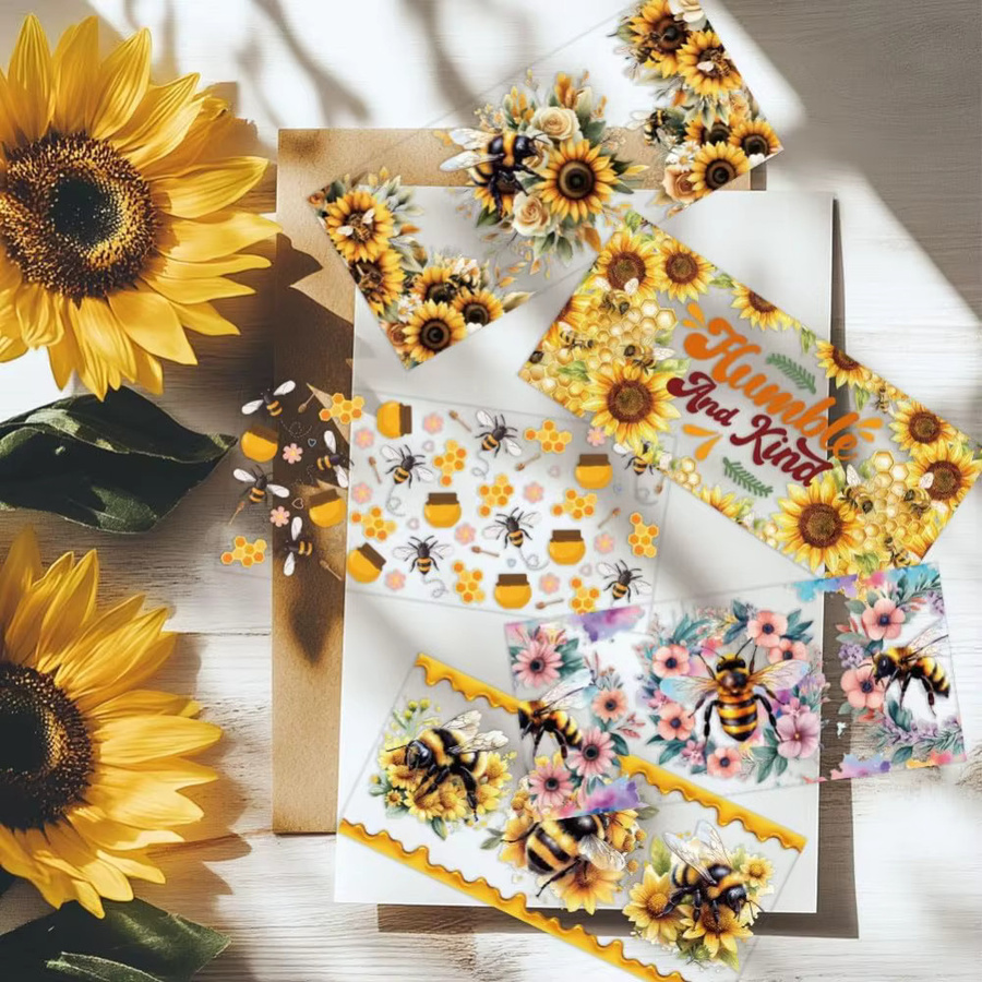 10 Blatt UV DTF Cup Wraps mit Sonnenblumen, Bienen und Wabenmustern, wasserfeste PVC Transfer Aufkleber in Multicolour für DIY-Projekte - Bild 2