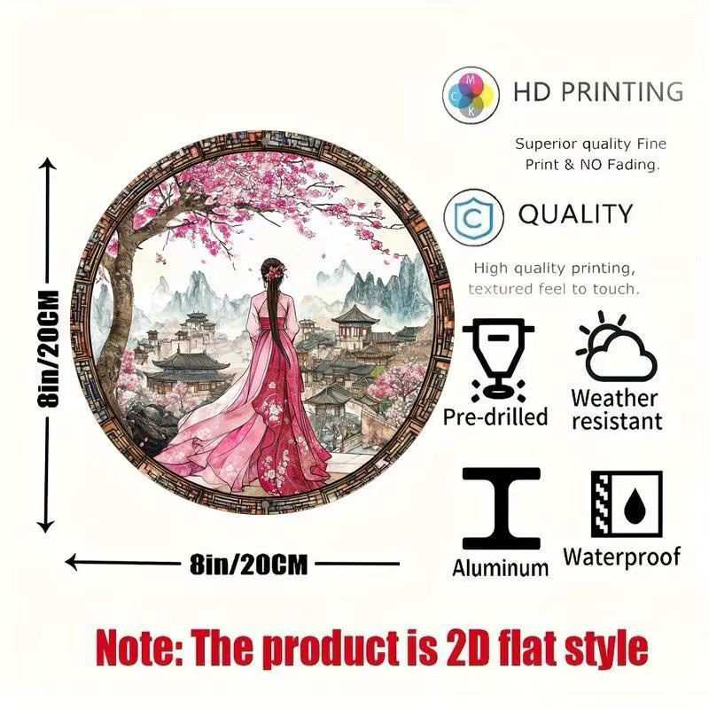 Rundes Aluminiumschild Potdemiel mit Hanfu-Motiv in Vintage-Wandkunst-Optik, Durchmesser: 20,3 cm, Mehrfarbig - Bild 2