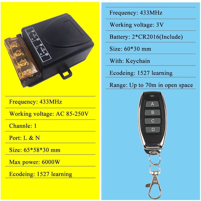 Tedeligo 1-Kanal-Relaisempfängermodul mit Fernbedienung 433MHz 30A für Lampe, Pumpe, Schloss oder Lüfter 110V - Bild 3