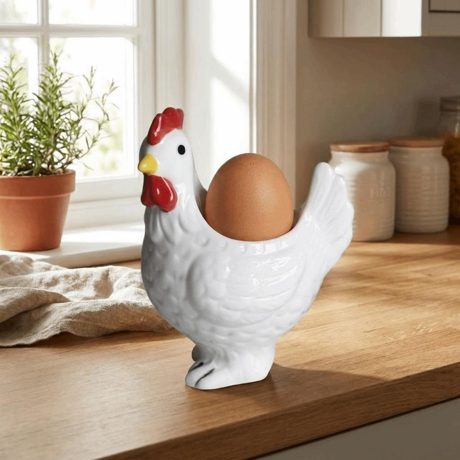 Tymrehtt Eierbecher aus Keramik in Hühnerform, braun und weiß, Bauernhaus-Dekor für gekochte Eier - Bild 4