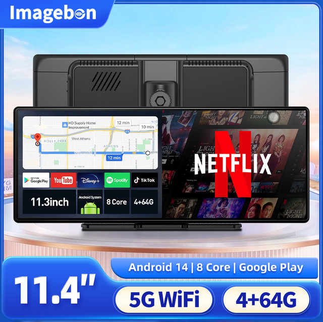 Imagebon Smart AI Rückspiegelkamera mit 11,3 Zoll Android 14 Display, 8 Core Prozessor, 4G + 64G Speicher, Wireless CarPlay und Android Auto, Schwarz - Bild 1