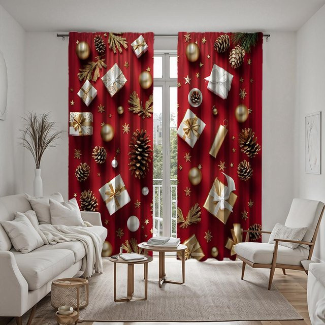 2er-Set Weihnachts-Dekovorhang mit Kiefernzapfen-Motiv und roter Schleife, braun, B: 132 cm, H: 160 cm - Bild 1