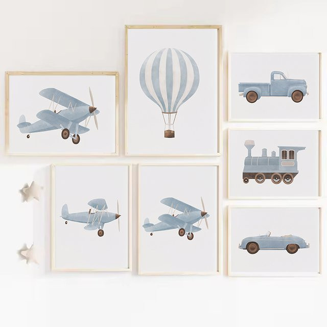Potdemiel Vintage Wandkunst für Kinderzimmer mit Heißluftballon, Flugzeug und Zug als Leinwandmalerei in Blau - Bild 1