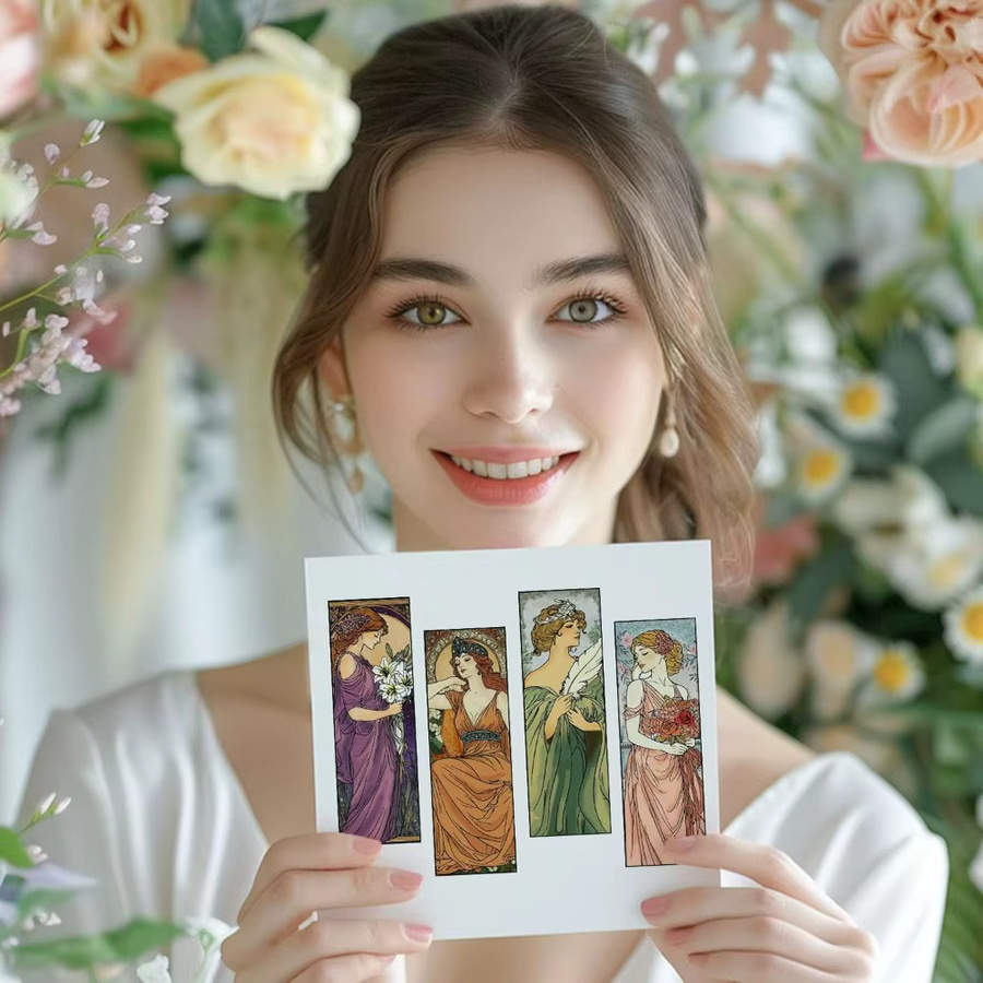 Vintage Lesezeichen Set mit Motiv einer lesenden Frau, transparente PET-Malschablonen und Silikonstempel mit floralen Eckmotiven für die Kartenherstellung - Bild 3