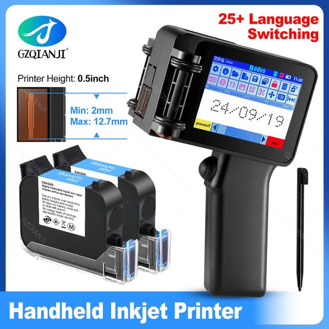 Tragbare Handheld-Tintenstrahldruckerpistole mit 4,3-Zoll-Touchscreen und HD-LED für QR-Codes und Barcodes, Schwarz, 12,7 mm Druckbreite - Bild 1