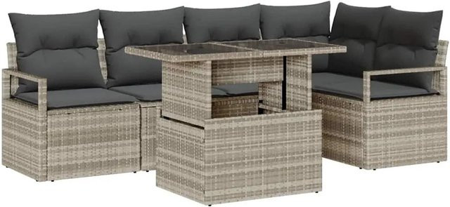 vidaXL Garten-Sofa-Set aus Poly-Rattan in Hellgrau, 6-teiliges L-Shape Lounge-Set mit Kissen und Tisch - Bild 1