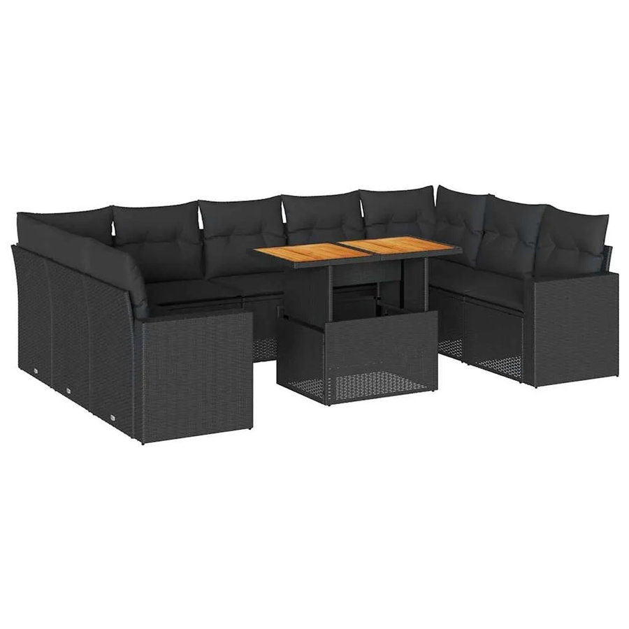 vidaXL 10-tlg. Garten-Sofagarnitur aus Poly-Rattan und Akazienholz in Schwarz mit UV-beständigen Kissen - Bild 2