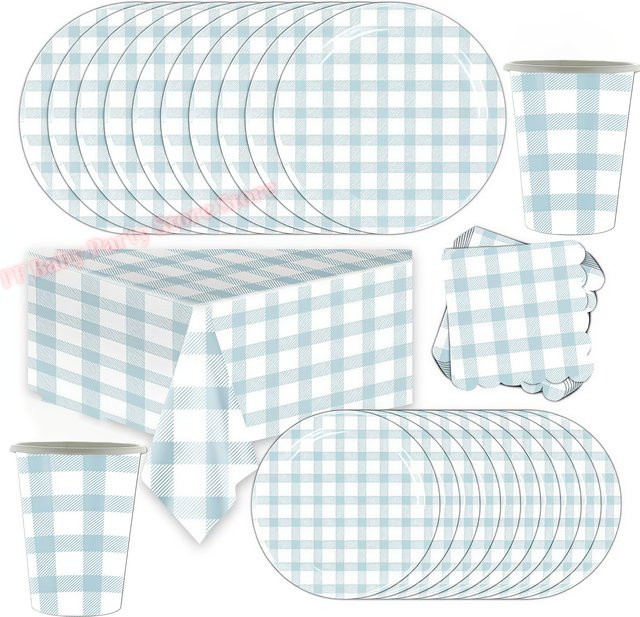 Blaues Party-Set mit Gitter-Motiv bestehend aus Papierservietten, Bechern, Tellern und Tischdecke für Geburtstage oder Babypartys - Bild 1