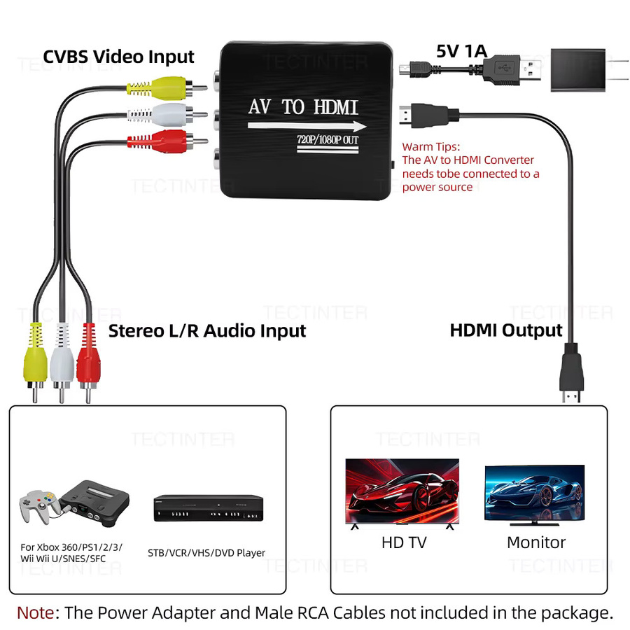 TECTINTER AV zu HDMI Adapter Konverter in Schwarz für Spielkonsolen mit HD 1080P Auflösung und USB-Kabel - Bild 3