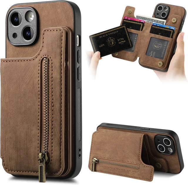HQBBRO Leder-Geldbörse mit Reißverschluss und magnetischer Doppelschnalle für iPhone 16 Pro Max 17 Air 15 14 Plus 13 12 11 SE, Farbe: Schwarz - Bild 1