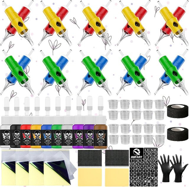 DQFART Tattoo Kit, 20 Nadeln, 20 Tintenbecher, 10 Tattoo-Tinten 5 ml, Transferpapier - Bild 1