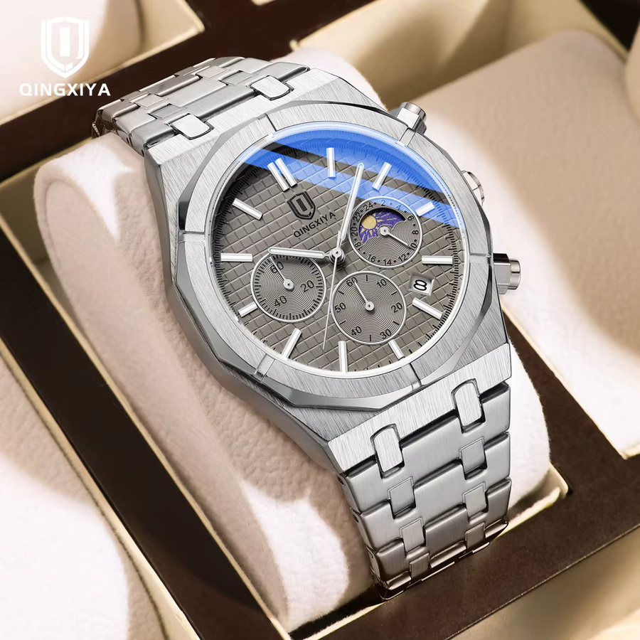QINGXIYA Chronograph, Quarz, Edelstahl, Grau, Silber, Herren - Bild 2