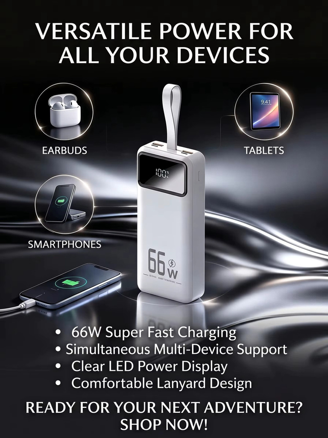 Cohana Powerbank 50000mAh mit 66W Schnellladefunktion, tragbares Ladegerät für 4 Geräte gleichzeitig in Schwarz mit LED-Taschenlampe und Trageriemen, kompatibel mit iOS und Android - Bild 8