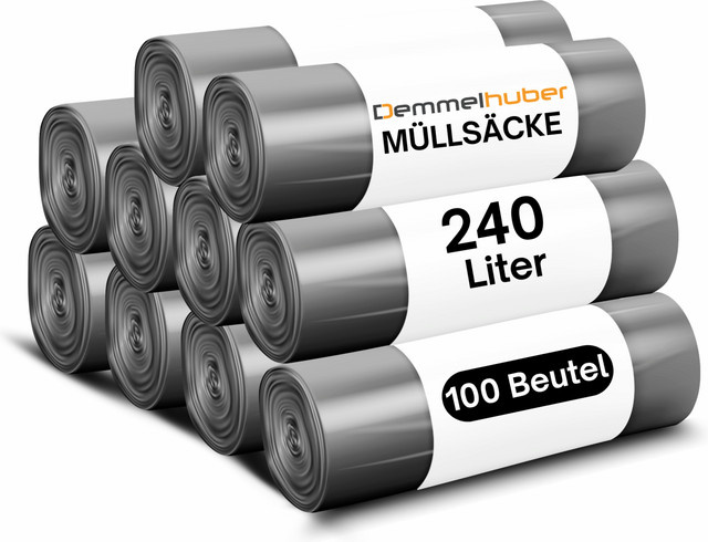 DEMMELHUBER Müllsäcke 240 L extrastark, 60 µm reißfest, 10 Rollen mit 100 Stück, Schwarz und Grau - Bild 1