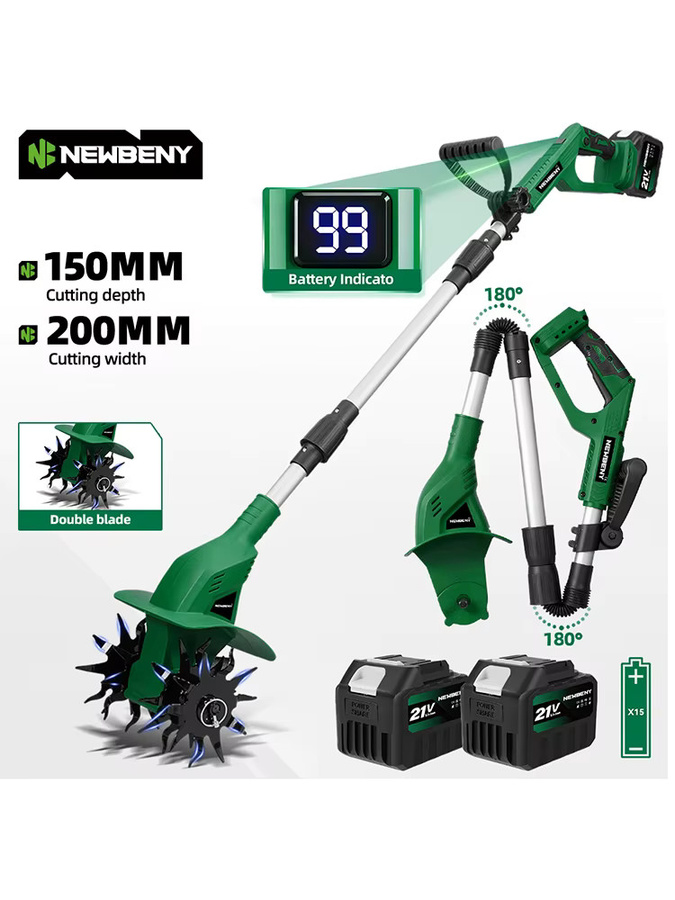 NEWBENY Elektrischer Rasenmäher mit Doppelklinge in Grün, Bodenfräse für Makita 21V Akku, Breite: 20 cm - Bild 7