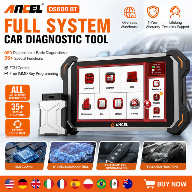 ANCEL DS600BT OBD2 Kfz-Scanner in Schwarz mit Vollsystem, CANFD, DOIP, IMMO Schlüsselprogrammierung, ECU-Codierung, bidirektionaler Steuerung und 34 Reset-Funktionen - Bild 1