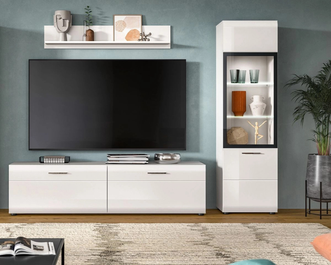 Moderne Wohnwand von Inn.Furn in Weiß Hochglanz mit Vitrine, Lowboard und offenen Regalen, B/H: 220 x 160 cm - Bild 2