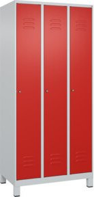 C+P Spind Classic PLUS Garderobenschrank mit 3 Abteilen, Füße, Zylinderschloss und 3 Garderobenhaken, Farbe: Lichtgrau/Verkehrsrot, H x B x T: 195 x 90 x 50 cm - Bild 1