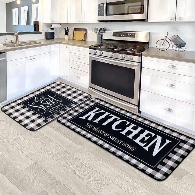 VIKAMA 2er-Set Küchenteppich schwarz-weiß kariert, rutschfest und geräuschreduzierend, moderne Fußmatte aus Polyester für Küche und Flur - Bild 1