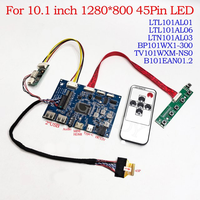 GLZLDY LCD-Controller-Board-Kit für 10,1 Zoll Display LTL101AL01 LTL101AL06 BP101WX1-300 mit 1280x800 Auflösung, 45-Pin FPC LVDS, Mini HDMI, USB-C und Fernbedienung - Bild 1