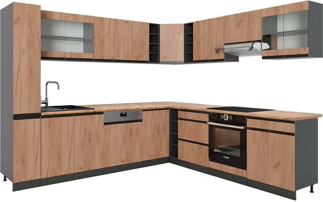 Vicco R-Line Eckküche Goldkraft Eiche/Anthrazit J-Shape, B/T/H: 257 x 277 x 207 cm - Bild 1